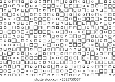 Um padrão impressionante de quadrados pretos de tamanhos variados em uma tela branca brilhante.