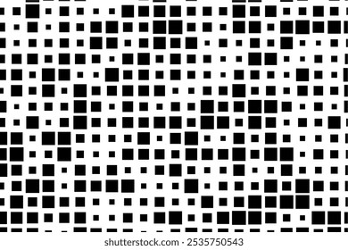 A visually striking pattern of black squares of varying sizes set against a bright white canvas.