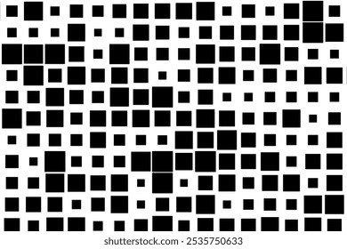 A visually striking pattern of black squares of varying sizes set against a bright white canvas.