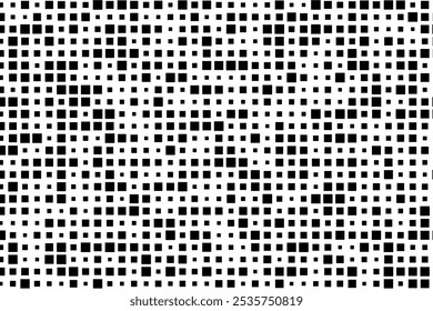 A visually striking pattern of black squares of varying sizes set against a bright white canvas.