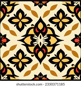Visually striking patterned tilework with a white background, adorned with intricate black, yellow, and red designs, creating a captivating and bold composition.