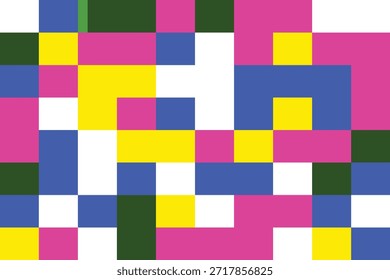 A visually striking pixel art piece featuring a diverse array of colorful squares in pink, blue, yellow, green, and white hues, arranged in a dynamic composition isolated on white background
