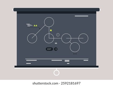 A visually striking scheme displayed on a blackboard captures intricate connections and processes, highlighting collaborative thinking during an inspiring educational moment in a busy learning space