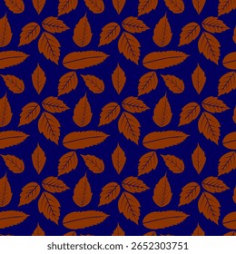 A visually striking seamless pattern featuring a variety of autumn leaves in rich shades of brown and terracotta, set against a sophisticated deep blue background.