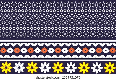 A visually striking textile design with a repeating geometric pattern in white on a deep blue backdrop. The upper section is characterized by intricate, diamond-shaped motifs. The lower portion is ado