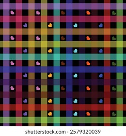 A visually striking textile-inspired checkered pattern featuring a mix of vibrant colors and small, scattered heart motifs. Perfect for fabric design, digital backgrounds, or creative art projects.