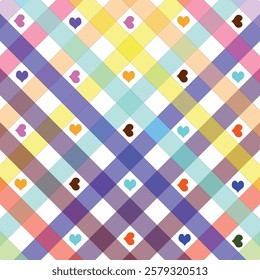 A visually striking textile-inspired checkered pattern featuring a mix of vibrant colors and small, scattered heart motifs. Perfect for fabric design, digital backgrounds, or creative art projects.