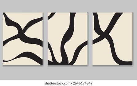 Um tríptico de arte abstrata visualmente impressionante. Três painéis apresentam um design minimalista de linhas negras em negrito sobre um fundo cremoso esbranquiçado, criando uma estética sofisticada e contemporânea. 