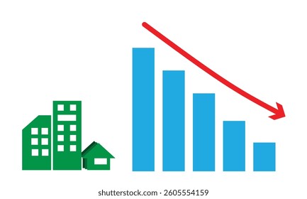 A visually striking vector highlights a dropping real estate investment graph, illustrating financial downturns, economic risks, and fluctuating property values within the housing market.

