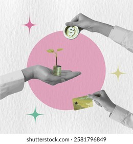 A visually striking vector illustration in a collage style, depicting hands nurturing a growing plant alongside coins and a credit card, perfect for finance and investment themes.