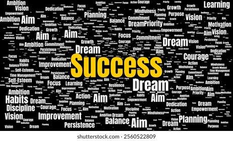 A visually striking word cloud emphasizing positivity and achievement, focusing on terms like success, ambition, and personal growth, fostering empowerment and inspiration through impactful language.