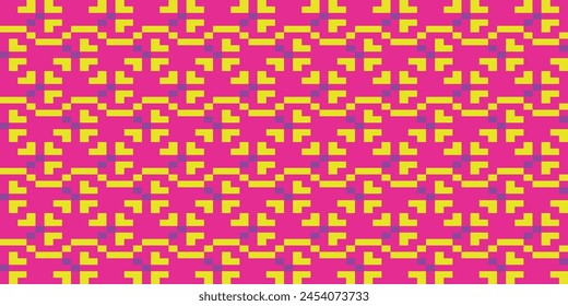 A visually stunning art piece featuring a seamless pattern of purple squares on a magenta background with parallel lines and circles in electric blue, creating a sense of symmetry and visual arts