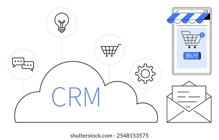 Las imágenes incluyen la nube con texto CRM, Carrito de compras móvil, burbujas de mensajes, bombilla, equipo y sobre. Ideal para soluciones empresariales, compras en línea, comunicación con Clientes, tecnología y correo electrónico