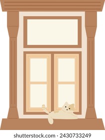 vitage brown window with cat outside. view isolated on house wall. Outdoor home theme. Falt window vector illustration