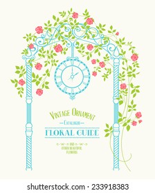 Vitage label for floral guide with wedding arch and roses over gray background. Vector illustration.