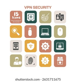 A vital collection of 15 flat design icons focusing on VPN security and cyber protection concepts including data encryption network defense and online privacy for digital themes