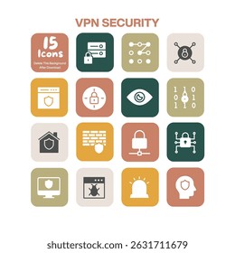 A vital collection of 15 flat design icons focusing on VPN security and cyber protection concepts including data encryption network defense and online privacy for digital themes