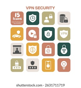 A vital collection of 15 flat design icons focusing on VPN security and cyber protection concepts including data encryption network defense and online privacy for digital themes