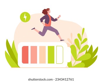 Vital energy charge. Active girl activate recharging vitality battery, healthy body level boost concept, tiredness woman business worker recharge life or work, vector illustration