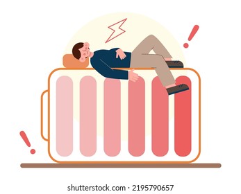 Vital energy concept. Character with a low level of life battery charge indicator. Tired person with emptying battery need a recharge. Flat vector illustration