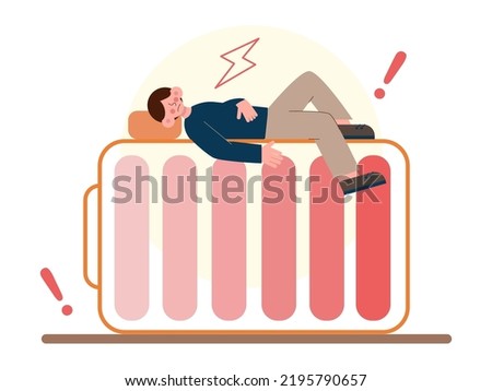 Vital energy concept. Character with a low level of life battery charge indicator. Tired person with emptying battery need a recharge. Flat vector illustration