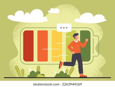 Vital energy concept. Man runs against background of battery charge indicator. Human boost, energy, power and passion. Active person metaphor. Cartoon flat vector illustration