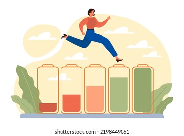 Vital Energy, Human Energy Boost Concept. Character With A High Level Of Life Battery Charge Indicator. Active Person With Recharged Battery. Flat Vector Illustration