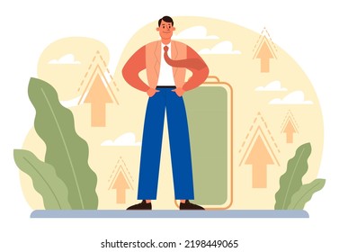 Vital energy, human energy boost concept. Character with a high level of life battery charge indicator. Active person with recharged battery. Flat vector illustration