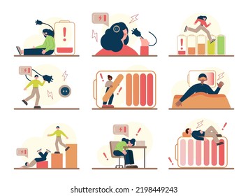 Vital Energy Human Energy Boost Concept Set. Character With A Low Or High Level Of Life Battery. Active Person With Recharged Battery Or Tired Person With Emptying Battery. Flat Vector Illustration