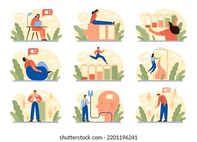 Vital energy human energy boost concept set. Character with a low or high level of life battery. Active person with recharged battery or tired person with emptying battery. Flat vector illustration