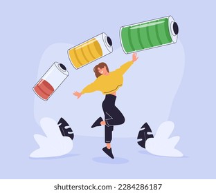 Vital energy, human energy boost concept. Character with a high level of life battery charge indicator. Active person with recharged battery. Flat vector illustration