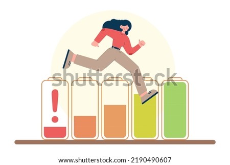Vital energy, human energy boost concept. Character with a high level of life battery charge indicator. Active person with recharged battery. Flat vector illustration