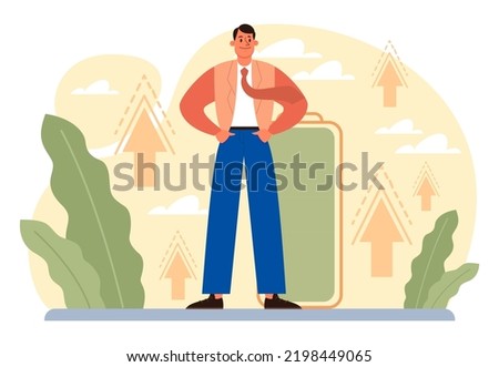 Vital energy, human energy boost concept. Character with a high level of life battery charge indicator. Active person with recharged battery. Flat vector illustration