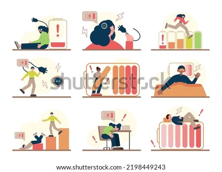Vital energy human energy boost concept set. Character with a low or high level of life battery. Active person with recharged battery or tired person with emptying battery. Flat vector illustration