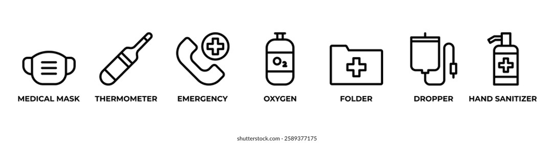 Vital Medical Icons Icons set vector illustration with  MEDICAL MASK, THERMOMETER, EMERGENCY, OXYGEN, FOLDER, DROPPER, HAND SANITIZER