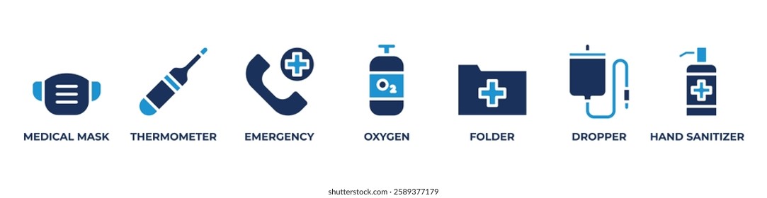Vital Medical Icons Icons set vector illustration with  MEDICAL MASK, THERMOMETER, EMERGENCY, OXYGEN, FOLDER, DROPPER, HAND SANITIZER