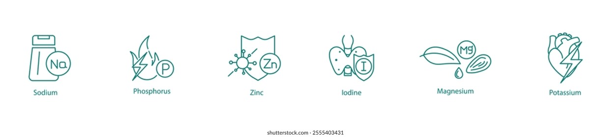 Vital Minerals Icon Set - Sodium, Phosphorus, Zinc, Iodine, Magnesium, and Potassium for Wellness