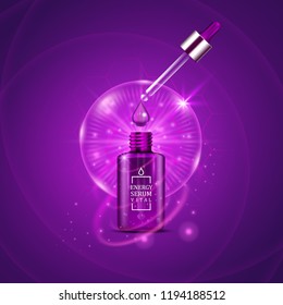 Vital serum dropper bottle on shining purple background. Realistic bottle view with magic vital drops and glitters. Skincare product design. Advertising concept. Vector