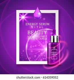 Vital serum dropper bottle on shining purple background. Realistic bottle view with magic vital drops and glitters. Skincare product design. Advertising concept. Vector illustration. 