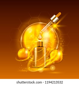Vital serum golden dropper bottle on light brown background. Vitamin formula treatment design. Advertising concept. Vector
