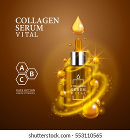 Vital serum golden dropper bottle on light brown background. Realistic bottle view with magic vital drops and glitters. Vitamin formula treatment design. Advertising concept. Vector illustration.