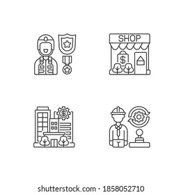 Vital services linear icons set. Defence industry. Small business. Banks and financial institutions. Customizable thin line contour symbols. Isolated vector outline illustrations. Editable stroke
