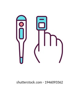 Vital Signs Measurement RGB Color Icon. Identifying Patient Clinical Status, Parameters. Thermometer, Pulse Oximetry. Body Temperature, Pulse, Blood Pressure Examination. Isolated Vector Illustration