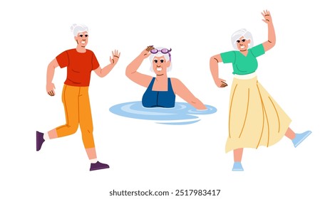 vitality active senior woman  vector.  strength energy, mobility flexibility, exercise yoga vitality active senior woman character. people flat cartoon illustration