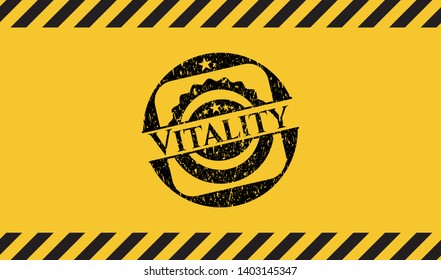 Vitality grunge black emblem with yellow background, warning sign. Vector Illustration. Detailed.