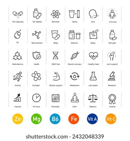 Conjunto de iconos de vitalidad para un estilo de vida saludable, productos de mejora humana. Los iconos de contorno son bien escalables y editables. Los elementos de contraste son buenos para diferentes fondos. EPS10.