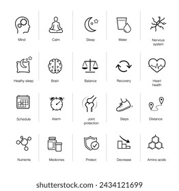 Vitality icon set for healthy lifestyle, human-improving products.The outline icons are well scalable and editable. Contrasting elements are good for different backgrounds. EPS10.