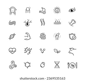 Vitality icon set for human-improving products. The outline icons are well scalable and editable. Contrasting elements are good for different backgrounds. EPS10.	