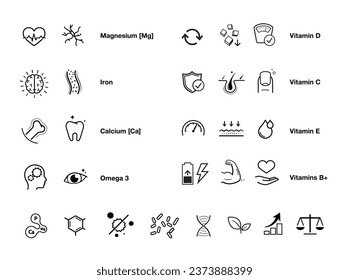Vitality icon set for human-improving products. The outline icons are well scalable and editable. Ready for your design. EPS10.