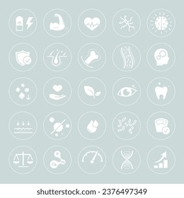 Vitality icon set for human-improving products. The outline icons are well scalable and editable. Contrasting elements are good for different backgrounds. EPS10.